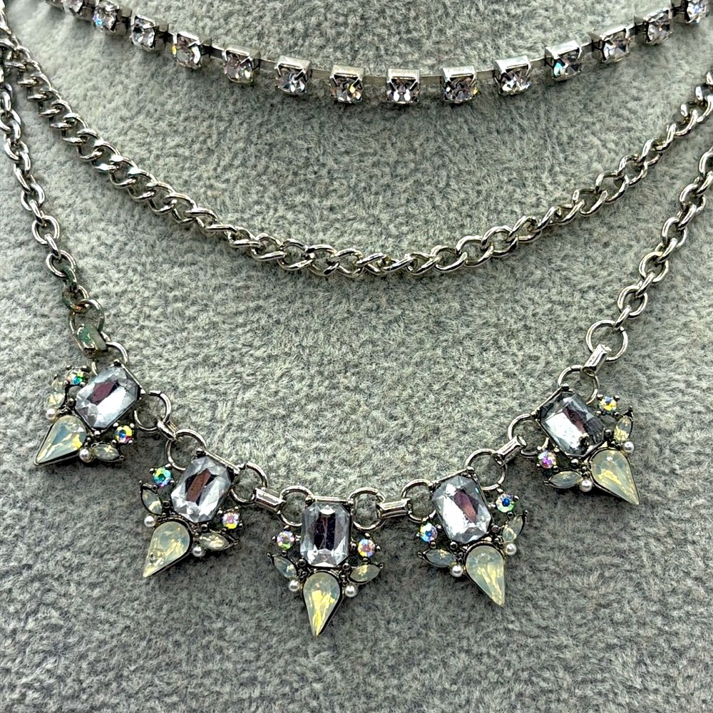 Triple Layer Spiked Rhinestone Chic Silver Multi-Layer Necklace